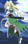  blonde_hair boots elf fairy_wings floating_island flying green_eyes highres leafa looking_at_viewer nori_tamago pointy_ears ponytail scabbard sheath solo sword_art_online thighhighs white_legwear wings 