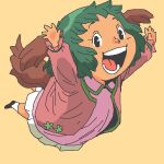  1girl :d animal_ears black_eyes black_shoes brown_jacket commentary_request derivative_work dog_ears dog_girl dog_tail dress floppy_ears full_body green_hair jacket jumping kasodani_kyouko long_sleeves looking_at_viewer mario_(series) onikobe_rin open_clothes open_jacket open_mouth parody pink_dress shoes short_bangs short_hair simple_background smile socks solo super_mario_bros._3 tail teeth touhou video_game_cover_redraw white_socks 