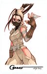  bandages bare_hips bow brown_eyes brown_hair dated fingerless_gloves gloves hakama hip_vent ibuki_(street_fighter) japanese_clothes kunai long_hair marker_(medium) mask ninja omar_dogan signature solo street_fighter traditional_media weapon 