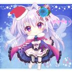  1girl ahoge arm_ribbon asymmetrical_legwear blue_background blue_flower blue_rose blush boots bow c: cape chibi chibi_only christmas closed_mouth commentary detached_sleeves detached_wings dress eyelashes flower food-themed_hat frilled_cape frilled_dress frilled_sleeves frills full_body fur-trimmed_cape fur_trim grey_thighhighs hair_between_eyes hair_bow hair_flower hair_intakes hair_ornament hand_up happy hat heart izumi_tsubasu long_hair long_sleeves looking_at_viewer merry_christmas mismatched_legwear neck_ribbon original purple_eyes purple_hair purple_ribbon red_bow red_cape red_hat ribbon rose santa_hat simple_background single_sleeve single_thighhigh smile solo speech_bubble standing star_(symbol) straight_hair thighhighs two-sided_cape two-sided_fabric two_side_up very_long_hair white_boots white_dress wide_sleeves wings winter_clothes 