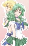  adjusting_hair aqua_eyes aqua_hair back_bow bad_id bad_pixiv_id bishoujo_senshi_sailor_moon blonde_hair blue_eyes blue_sailor_collar blue_skirt bow choker gloves kaiou_michiru multiple_girls outer_senshi pragoolka sailor_collar sailor_neptune sailor_senshi_uniform sailor_uranus short_hair sideways_glance sketch skirt smile ten'ou_haruka tiara very_short_hair white_gloves 