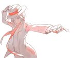  fedora foreshortening formal hair_over_one_eye hand_on_headwear hat looking_at_viewer male_focus milycat necktie outstretched_arm phantom_r rhythm_kaito rhythm_thief simple_background sketch solo suit upper_body 