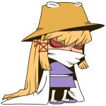  1girl blank_eyes brown_hat chibi chibi_only colored_sclera commentary_request full_body hair_ribbon hat long_hair looking_at_viewer moriya_suwako onikobe_rin purple_shoes purple_skirt purple_vest red_ribbon red_sclera ribbon shirt shoes simple_background skirt skirt_set sleeves_past_fingers sleeves_past_wrists socks solo standing touhou turtleneck turtleneck_shirt very_long_hair vest white_background white_shirt white_socks 
