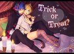  2boys animal_ears blonde_hair blue_eyes blue_hair candy cape cat_ears cat_tail english fangs geji_(rodents) halloween happy_halloween hat kagamine_len kaito male male_focus multiple_boys on_bed open_mouth shorts sitting striped striped_legwear tail thighhighs trick_or_treat vampire vocaloid yaoi 