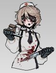  1girl @_@ android bag black_necktie blonde_hair blood blood_on_clothes blood_on_knife blush collared_dress cracked_skin cropped_torso dress grey_background hat highres holding holding_knife holding_tray joints kirihi_ko knife long_sleeves mechabare mechanical_hands medicine messy_hair necktie nervous_sweating nurse nurse_cap nurse_robot_type_t paper_bag pill_bottle red_eyes robot_joints serrated_knife short_hair simple_background single_mechanical_eye solo sweat tray upper_body utau voicevox white_dress 