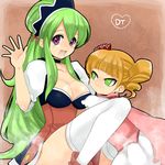  1girl bad_id bad_pixiv_id bangs blunt_bangs breasts brown_hair choker cleavage crown dress drill_hair ecarlate_juptris_st._piria green_eyes green_hair ixion_saga long_hair mariandale medium_breasts newhalf purple_eyes smile thighhighs tomochi waving white_legwear 