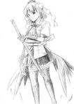  greyscale hat looking_at_viewer monochrome shameimaru_aya short_hair simple_background skirt smile solo sword thighhighs tokin_hat touhou traditional_media vent_arbre weapon white_background wings 