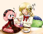  blonde_hair blush breasts cake charlotte_(madoka_magica) cheesecake closed_eyes drill_hair feeding food fork hair_ornament heart kurose_kousuke mahou_shoujo_madoka_magica medium_breasts open_mouth pillow school_uniform smile spoken_heart tomoe_mami 