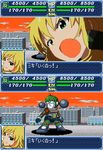  ahoge blonde_hair chibi cityscape fake_screenshot green_eyes idolmaster lowres mecha mujin_gattai_kisaragi parody pixel_art ricchain ryuhi style_parody super_robot_wars translated 