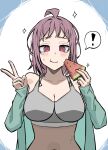  ! 1girl absurdres aguxxxuu breasts chainsaw_man cleavage eating fami_(chainsaw_man) food fruit green_jacket grey_sports_bra highres holding holding_food jacket large_breasts light_blush mole mole_under_eye mole_under_mouth multiple_moles pink_eyes purple_hair ringed_eyes solo speech_bubble spoken_exclamation_mark sports_bra sweat v watermelon watermelon_slice 