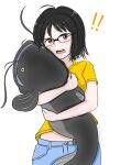  ! !! 1girl :o animal_hug black_hair brown_eyes catfish denim fish glasses midriff ookumo-chan_flashback ookumo_aya osage_gankyou shirt short_sleeves solo standing stuffed_animal stuffed_fish stuffed_toy white_background yellow_shirt 