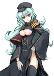  aqua_hair black_legwear blue_eyes breasts epaulettes gloves hand_on_hip hat imagawa_yoshimoto_(sengoku_collection) long_hair medium_breasts sengoku_collection simple_background smile solo thighhighs totteri underboob underboob_cutout wavy_hair white_background white_gloves 