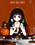  2girls black_hair chibi chitanda_eru dress fork fukube_satoshi goblet halloween happy_halloween highres hyouka ibara_mayaka long_hair lotton miniboy minigirl multiple_boys multiple_girls oreki_houtarou pumpkin purple_eyes smile spoon 