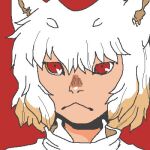 1girl :&lt; animal_ears closed_mouth commentary_request expressionless hat inubashiri_momiji looking_afar lowres oekaki onikobe_rin portrait red_background red_eyes red_hat shirt short_hair simple_background tokin_hat touhou turtleneck turtleneck_shirt white_hair white_shirt wolf_ears wolf_girl 