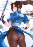  1girl ass blue_dress borrowed_clothes breasts brown_eyes brown_hair brown_pantyhose china_dress chinese_clothes chun-li chun-li_(cosplay) closed_mouth commentary_request cosplay cowboy_shot dress ema_(emaura) fatal_fury folded_fan folding_fan from_behind gradient_background hair_ornament hand_fan holding holding_fan large_breasts long_hair looking_at_viewer looking_back motoyui pantyhose parted_bangs puffy_short_sleeves puffy_sleeves sash shiranui_mai short_sleeves smile solo street_fighter white_sash 