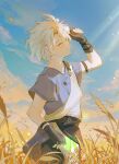  1boy 2_0_9 aged_down antenna_hair black_gloves black_shorts blue_shirt blue_sky closed_eyes fingerless_gloves from_side gloves hadanugi_dousa highres honkai:_star_rail honkai_(series) male_focus official_alternate_costume parted_bangs phainon_(a_dream_scented_in_wheat)_(honkai:_star_rail) phainon_(honkai:_star_rail) profile shirt short_hair shorts sky solo wheat_field white_hair 