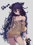  1girl absurdres blue_bow blue_hair bow bracelet breasts cleavage debt dirty dirty_clothes dress earrings gold_bracelet grey_dress hair_between_eyes hair_bow highres jewelry kaden_(muxt8423) long_hair looking_at_viewer short_sleeves simple_background small_breasts solo stuffed_animal stuffed_cat stuffed_toy touhou very_long_hair white_background yorigami_shion 