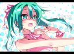  copyright_name g-ist green_eyes green_hair hair_ribbon hatsune_miku letterboxed long_hair nail_polish open_mouth ribbon solo twintails vocaloid 