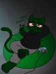  4_fingers 4_toes absurd_res alex_(reeree457) anthro bean_bag black_clothing black_pawpads black_sweater black_topwear blunt bulbert clothing controller domestic_cat drugs feet felid feline felis fingers fur game_controller gamecube gamecube_controller green_bean_bag green_body green_fur green_tail grey_sweatpants hi_res male mammal marijuana nintendo nintendo_controller pawpads red_sclera solo substance_intoxication sweater tail toes topwear 