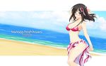  bare_shoulders beach bikini black_hair breasts cleavage culture_japan glasses green_eyes hair_ribbon highres hips hoshikawa_kanata iizuki_tasuku large_breasts lips long_hair mirai_millennium navel one_side_up red-framed_eyewear red_bikini ribbon sarong semi-rimless_eyewear slender_waist solo striped striped_sarong swimsuit under-rim_eyewear wallpaper white_sarong 