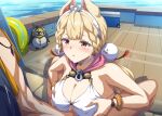  1boy 1girl alice_thymefield alice_thymefield_(sea_of_thyme) animal_ears bangboo_(zenless_zone_zero) bare_shoulders bikini blonde_hair blush breasts breasts_squeezed_together cleavage hetero heterochromia large_breasts long_hair low_twintails marugoshi_(54burger) orange_eyes paizuri penguinboo_(zenless_zone_zero) rabbit_ears rabbit_girl red_eyes sphere_hair_ornament swimsuit twintails white_bikini wise_(peaceful_waves)_(zenless_zone_zero) wise_(zenless_zone_zero) zenless_zone_zero 