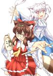  alcohol animal_ears ascot blue_dress blush bow brown_eyes brown_hair character_hair_ornament cosplay detached_sleeves dress fang futatsuiwa_mamizou glasses gohei hair_bow hair_ornament hair_tubes hakurei_reimu hakurei_reimu_(cosplay) inubashiri_momiji kochiya_sanae kochiya_sanae_(cosplay) leaf leaf_on_head looking_at_viewer multiple_girls open_mouth pince-nez raccoon_ears raccoon_tail red_dress sake smile standing tail touhou wakudori wolf_ears 