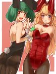  animal_ears ass black_legwear black_leotard blonde_hair blue_eyes bow bowtie breasts bunny_ears bunny_tail bunnysuit detached_collar fishnet_pantyhose fishnets green_hair leotard long_hair macross macross_frontier medium_breasts multiple_girls murakata pantyhose ranka_lee red_eyes red_leotard sheryl_nome short_hair small_breasts tail thong_leotard wrist_cuffs 