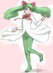  bow dress gen_3_pokemon green_hair green_legwear hair_ornament kirlia magical_ondine pantyhose personification pokemon red_eyes solo spinning standing standing_on_one_leg twintails 