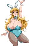  1girl animal_ears astraea13 blonde_hair blue_eyes blush breasts bunny_ears bunny_suit bunnysuit female happy huge_breasts long_hair plump pointy_ears simple_background solo tiffania_westwood white_background zero_no_tsukaima 