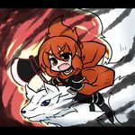  axe blue_eyes cape eyebrows fang hair_up letterboxed long_hair oono_mayu open_mouth pixiv_azriel red_eyes red_hair riding weapon wolf yanagi_(nurikoboshi) 