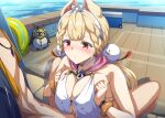  1boy 1girl alice_thymefield alice_thymefield_(sea_of_thyme) animal_ears bangboo_(zenless_zone_zero) bare_shoulders bikini blonde_hair blush breasts breasts_squeezed_together cleavage hetero heterochromia large_breasts long_hair low_twintails marugoshi_(54burger) orange_eyes paizuri penguinboo_(zenless_zone_zero) rabbit_ears rabbit_girl red_eyes sphere_hair_ornament swimsuit twintails white_bikini wise_(peaceful_waves)_(zenless_zone_zero) wise_(zenless_zone_zero) zenless_zone_zero 