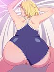  1girl all_fours android_18 anus ass back bare_shoulders bed blonde_hair censored dragon_ball dragonball_z earrings engawa_suguru erodon_hearts from_behind highres huge_ass jewelry legs mosaic_censoring pussy short_hair solo sweat swimsuit thighs top-down_bottom-up 