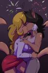  2018 anthro black_hair blonde_hair callie_briggs dbaru duo eyes_closed felina_feral female female/female fireworks fur hair hand_on_waist heart_symbol kissing simple_background swat_kats tan_fur 