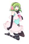  aqua_eyes earmuffs elbow_gloves gloves green_hair gumi hand_on_own_face happy_synthesizer_(vocaloid) highres kintaro kneeling mismatched_legwear no_shoes open_mouth pantyhose short_hair sidelocks skirt smile socks solo striped striped_legwear vocaloid 
