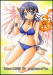  bikini black_hair blue_eyes blush breasts chain cleavage collar front-tie_top kazane_hiyori large_breasts looking_at_viewer nightmare77zx sitting smile sora_no_otoshimono swimsuit wariza wings 