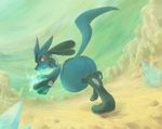  &#12426;&#12377;&#12371; ??? aura back black_fur blue_fur butt canine crystals fur jackal looking_at_viewer looking_back lucario mammal nintendo open_mouth outside pixiv pok&#233;mon pok&eacute;mon raised_tail red_eyes running solo spikes video_games yellow_fur 