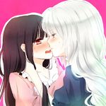  aqua_eyes black_hair blush couple green_eyes hand_on_neck houraisan_kaguya imminent_kiss long_hair multiple_girls no_hat no_headwear orange_eyes silver_hair simple_background sui_(camellia) touhou yagokoro_eirin yuri 