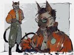  1boy animal_ears arms_behind_back black_hair black_shoes border brown_eyes cat_boy cat_ears cat_tail collared_jacket disco_elysium furrification furry furry_male glasses green_pants grey_background highres jacket kim_kitsuragi looking_at_viewer luli_(crocowolf333) mature_male multiple_views orange_jacket outside_border pants round_eyewear shoes short_hair simple_background standing tail white_border 