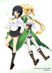  bike_shorts black_eyes black_hair blonde_hair breasts butter-t dual_persona green_eyes kirigaya_suguha large_breasts leafa locked_arms long_hair multiple_girls pointy_ears ponytail school_uniform serafuku short_hair sword_art_online thighhighs 