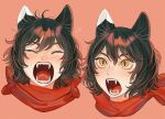  1girl alt_text animal_ears black_hair blush bow cat_ears cat_girl closed_eyes cropped_head dungeon_meshi fangs hair_between_eyes highres izutsumi looking_ahead mismatched_animal_ear_colors multiple_views open_mouth red_background red_scarf sasakura34 scarf scarf_bow short_hair simple_background slit_pupils squeans tearing_up teeth yawning yellow_eyes 