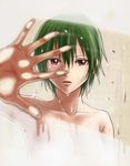  alvares bad_id bad_pixiv_id breasts cleavage condensation convenient_censoring foreshortening green_hair medium_breasts mirror nude original outstretched_hand parted_lips red_eyes short_hair showering solo tsurime wiping 