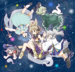  blue_eyes blue_hair boots brown_eyes brown_hair crossed_arms green_eyes green_hair grey_hair hair_ornament hair_rings hair_stick hat headphones kaku_seiga long_hair looking_back manaka_(pdx) miyako_yoshika mononobe_no_futo multiple_girls number ofuda ponytail soga_no_tojiko sword tate_eboshi touhou toyosatomimi_no_miko upside-down weapon 