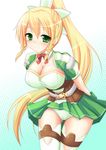  alternate_costume blonde_hair blush braid breasts cleavage dress green_eyes large_breasts leafa leafa_(sao:im) long_hair okatora panties ponytail smile solo sword_art_online sword_art_online:_infinity_moment thighhighs twin_braids underwear 