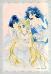  artist_name bare_shoulders bishoujo_senshi_sailor_moon blonde_hair blue_eyes blue_hair bob_cut crescent_moon double_bun dress earrings facial_mark flower forehead_mark frame friends garter_straps hair_bun highres jewelry lace lingerie long_hair luna_(sailor_moon) luna_(sailor_moon)_(human) mirror moon multiple_girls necklace parody personification rose see-through short_hair signature sitting style_parody thighhighs tomoe_hotaru traditional_media tsukino_usagi twintails ueda_miwa underwear veil very_long_hair wavy_hair white white_dress white_flower white_legwear white_rose 