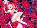  blush bow bow_(weapon) bubble_skirt flower from_behind gloves kaname_madoka kouzuki_hajime looking_back magical_girl mahou_shoujo_madoka_magica open_mouth pink_eyes pink_hair purple_flower purple_rose red_flower red_rose rose short_hair short_twintails skirt smile solo twintails weapon white_flower white_rose 