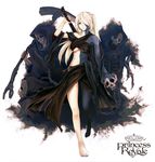  bare_legs barefoot black_skin blonde_hair blue_eyes breasts chain copyright_name death_(entity) earrings grim_reaper hel_(norse_mythology) highres jewelry long_hair medium_breasts norse_mythology original pale_skin pixiv princess_royale procorat robe sash scythe skeleton skirt skull split_theme toenail_polish underboob 