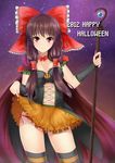  2012 brown_hair cape detached_sleeves hair_tubes hakurei_reimu halloween happy_halloween highres holding kero_(tomoki-tiger) long_hair looking_at_viewer panties pink_eyes red_panties side-tie_panties skirt skirt_lift solo staff striped striped_legwear thighhighs touhou underwear 