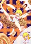  barefoot blonde_hair blush_stickers doughnut dreaming dress drooling eating food long_hair long_legs monogatari_(series) multiple_views nisemonogatari oshino_shinobu oversized_object saliva shirimetsu sleeping yellow_eyes 