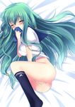  agekichi_(heart_shape) bad_id bad_pixiv_id blush bottomless boxers closed_eyes clothes_sniffing fingering green_hair hair_ornament long_hair lying masturbation on_side original pussy_juice smelling socks solo underwear 