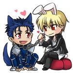  animal_ears blue_hair bunny_ears bunny_tail bunnyboy chain chibi chibiru collar dog_ears dog_tail dogboy earrings fang fate/stay_night fate_(series) full_body gilgamesh heart jewelry lancer long_hair male_focus multiple_boys open_mouth pet_play petboy red_eyes smile tail weapon 